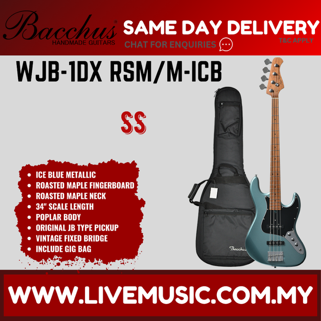 Ice blue metallic electric bass guitar with roasted maple neck and black gig bag