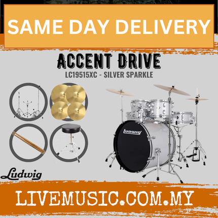 Ludwig LC19515XCDIR Accent Drive 5-Piece Drum Set w/Hardware+Throne+Cym14/16/20 -Silver Sparkle