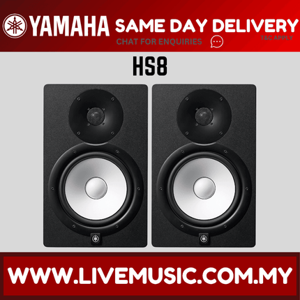 Pair of black powered studio monitors with 8-inch woofer and tweeter