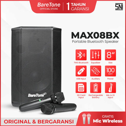 Baretone MAX08BX 8" Portable Speaker with Two UHF Wireless Microphone ( MAX-08BX MAX 08BX )