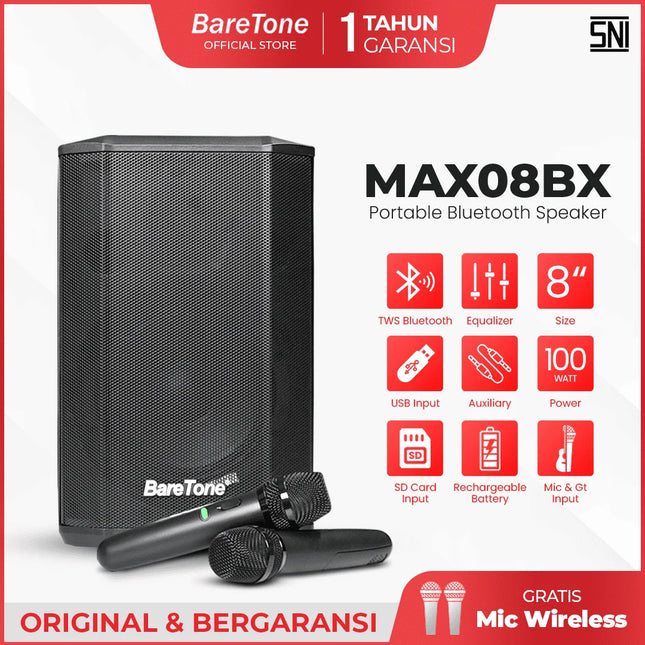 Baretone MAX08BX 8" Portable Speaker with Two UHF Wireless Microphone ( MAX-08BX MAX 08BX )