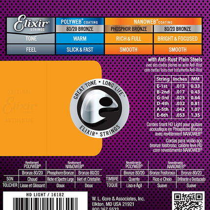 Elixir 16182 Nanoweb Phosphor Bronze Acoustic Guitar Strings HD Light (13-53)
