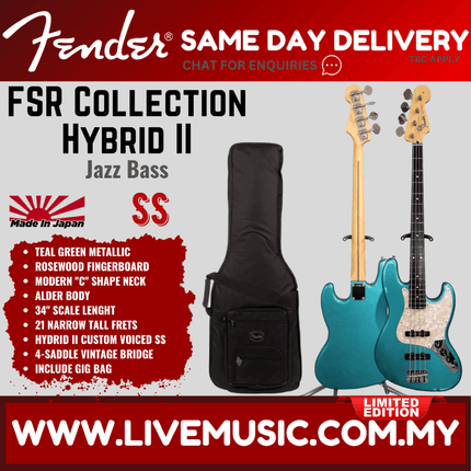 Fender FSR Collection Hybrid II Jazz Bass Guitar, RW FB, Teal Green