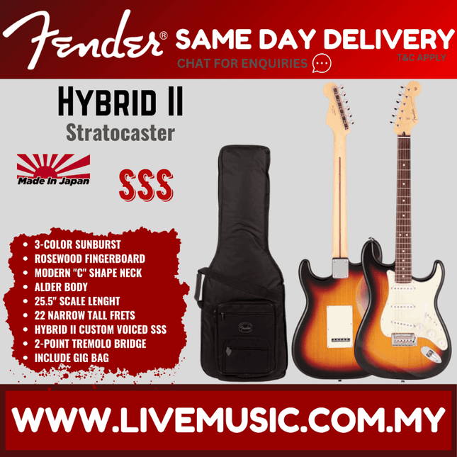 Fender Japan Hybrid II Stratocaster Electric Guitar, Rosewood Fretboard with Gig Bag - 3-Color Sunburst