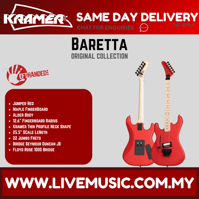 Kramer Baretta Left-handed Electric Guitar With Maple Fretboard - Jumper Red