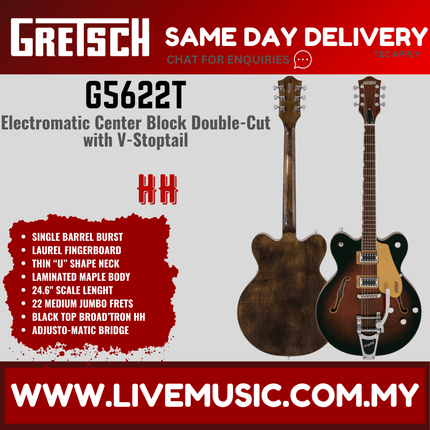 Gretsch G5622T Electromatic Centre-Block Double Cut Electric Guitar w/Bigsby, Laurel FB - Single Barrel Burst