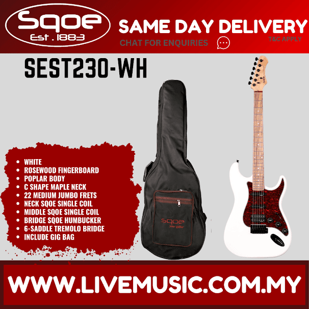 White super stratocaster-style electric guitar with rosewood fretboard, HSS pickups, gig bag
