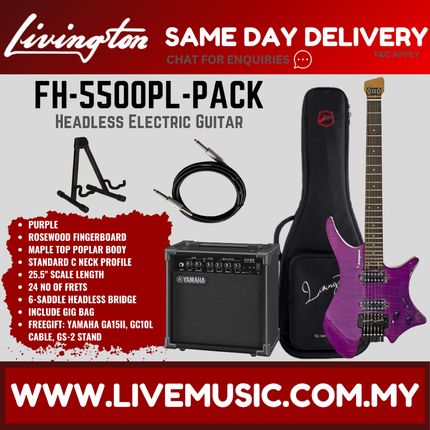 Headless electric guitar set: purple body, maple fretboard, gig bag, amp, cable