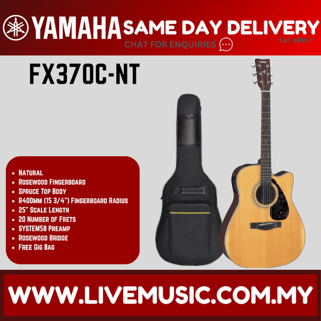 Natural cutaway acoustic-electric guitar with pickup, shown with black gig bag.