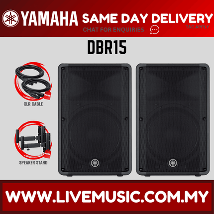 Yamaha DBR15 powered speaker pair with XLR cable and speaker stand accessories