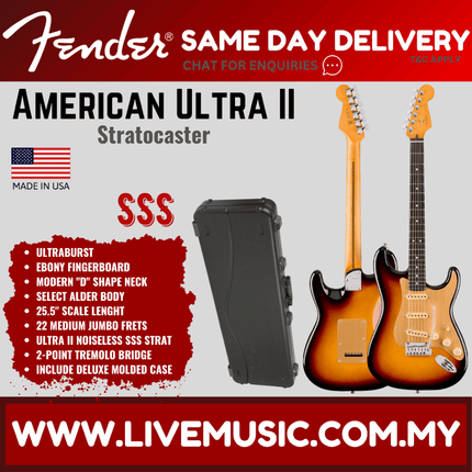 Fender American Ultra II Stratocaster Electric Guitar, Ebony FB, Ultraburst