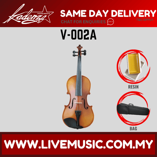 Kadenza V-002A 4/4 Solid Top Spruce Wood Violin w/HardBag, FB Ebony - ( V002A V 002A )