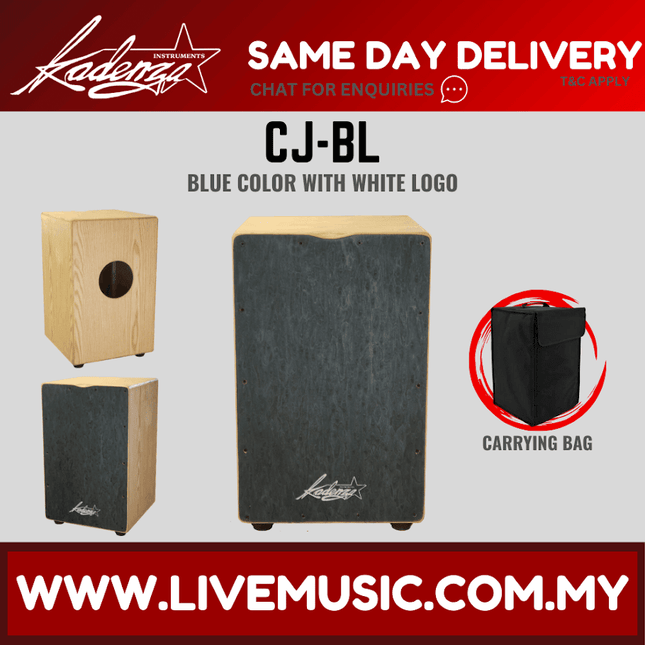 Blue wooden cajon drum with round sound hole and white logo, with carry bag
