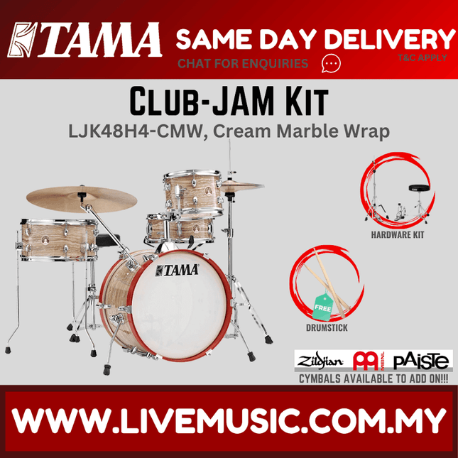Tama 4-piece club-jam drum set, cream marble wrap, snare and toms
