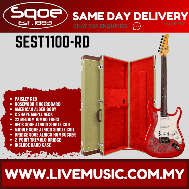 SQOE SEST1100 Stratocaster Paisley Custom HSS Electric Guitar w/Hardcase, Rosewood FB - Paisley Red ( SEST-1100 / SEST 1100 )