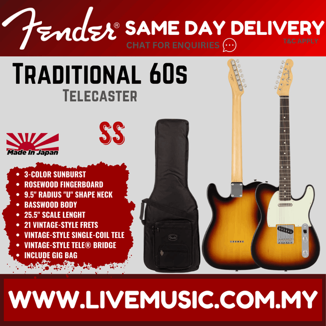 Fender Japan Traditional 60s Telecaster Electric Guitar, RW FB, 3-Tone Sunburst