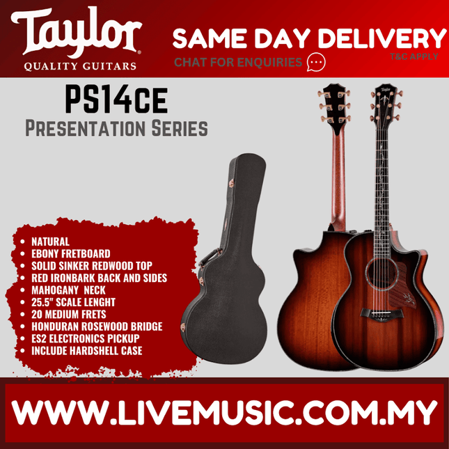 Reddish-brown Taylor PS14ce acoustic guitar with black gig bag and spec list