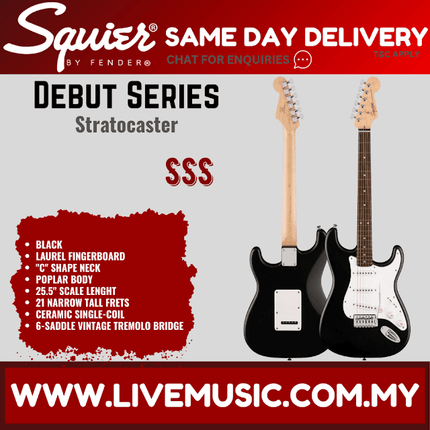 Squier Debut Series Stratocaster Electric Guitar, Laurel FB, Black