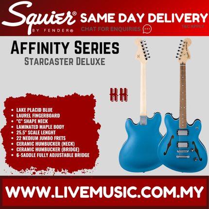Squier Affinity Series Starcaster Deluxe Electric Guitar, Laurel FB, Lake Placid Blue