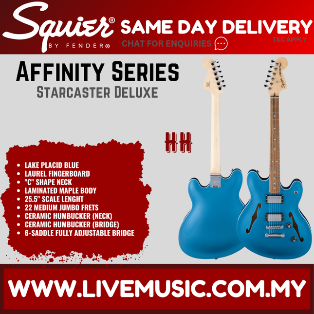 Squier Affinity Series Starcaster Deluxe Electric Guitar, Laurel FB, Lake Placid Blue