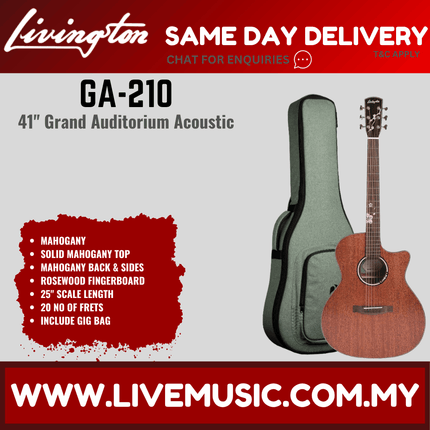Livingston GA-210 EQ 40" Solid Top Grand Auditorium Acoustic-Electric Guitar, Rosewood FB - Natural ( GA210 GA 210 )