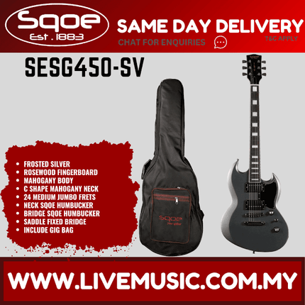 Sqoe SESG450 Arsenal Devils Horn Electric Guitar w/Gig Bag, Rosewood FB - Frosted Silver ( SESG-450 / SESG 450 )