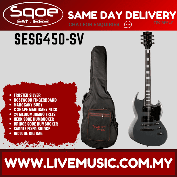Sqoe SESG450 Arsenal Devils Horn Electric Guitar w/Gig Bag, Rosewood FB - Frosted Silver ( SESG-450 / SESG 450 )