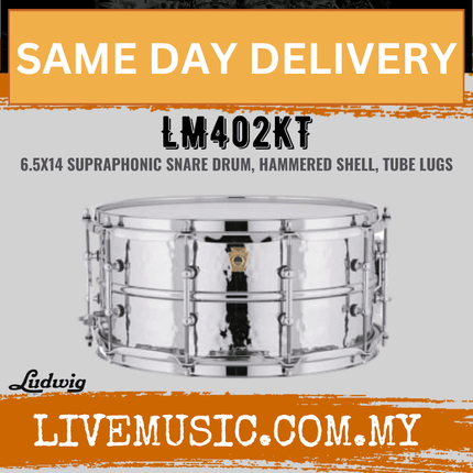 Ludwig LM402KT 6.5x14inch Supraphonic Chrome-Plated Aluminium Snare Drum, Hammered Shell, Tube Lugs