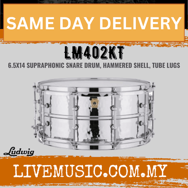Ludwig LM402KT 6.5x14inch Supraphonic Chrome-Plated Aluminium Snare Drum, Hammered Shell, Tube Lugs