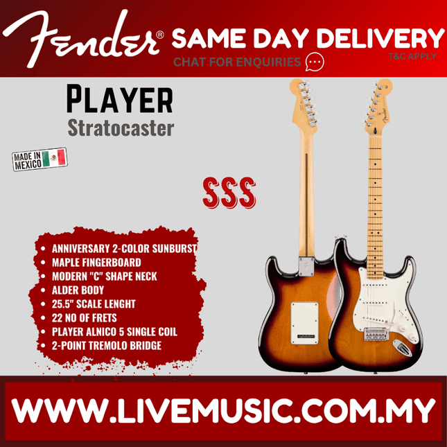 Fender Player Stratocaster Electric Guitar, Maple FB, Anniversary 2-Tone Sunburst