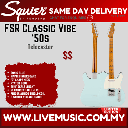 Squier FSR Classic Vibe 50s Telecaster Electric Guitar, Maple FB, Sonic Blue