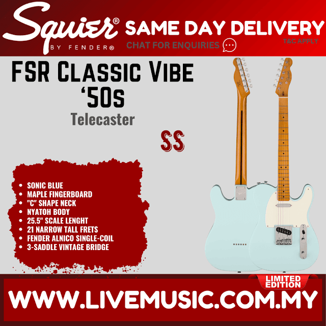 Squier FSR Classic Vibe 50s Telecaster Electric Guitar, Maple FB, Sonic Blue