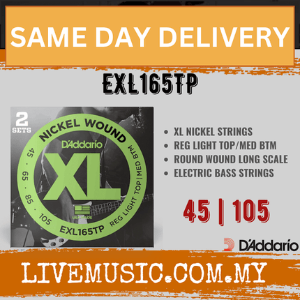 D'Addario EXL165TP Long Scale Nickel Wound Bass Guitar Strings - .045-.105 Custom Light (2 Sets)