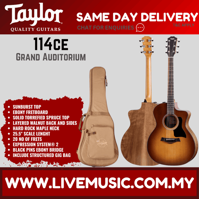 Taylor 114ce Grand Auditorium Acoustic Guitar w/Bag, Sunburst Top
