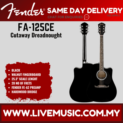 Fender FA-125CE Dreadnought Acoustic Guitar, Walnut FB, Black ( FA125CE )