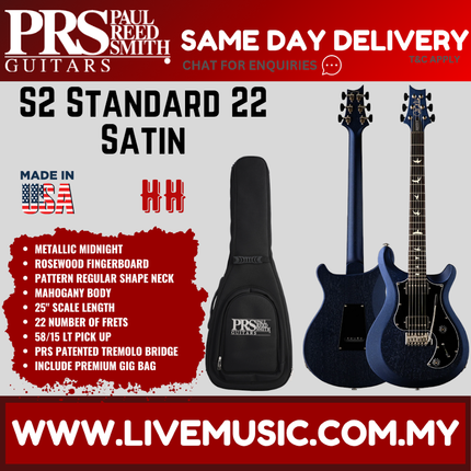 PRS S2 Standard 22 Satin Electric Guitar, Metallic Midnight