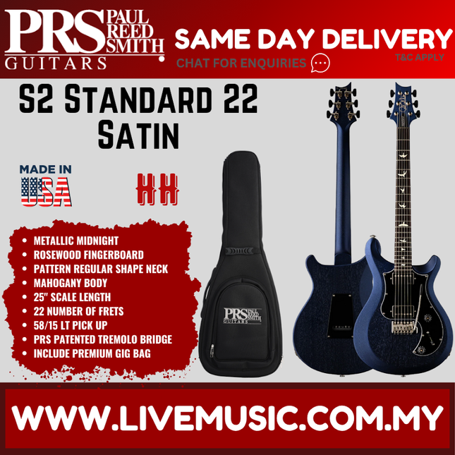 PRS S2 Standard 22 Satin Electric Guitar, Metallic Midnight