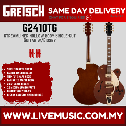 Gretsch G2410TG Streamliner Hollow Body Single-Cut Electric Guitar, Laurel FB, Single Barrel Burst