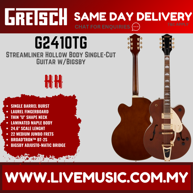 Gretsch G2410TG Streamliner Hollow Body Single-Cut Electric Guitar, Laurel FB, Single Barrel Burst