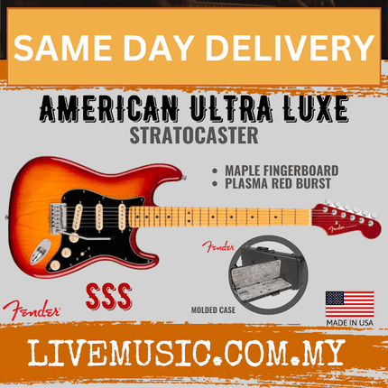Fender American Ultra Luxe Stratocaster Electric Guitar, Maple FB, Plasma Red Burst