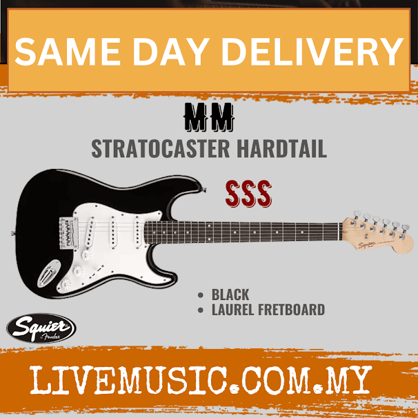 Squier MM Stratocaster Hard Tail Electric Guitar, Laurel FB, Black
