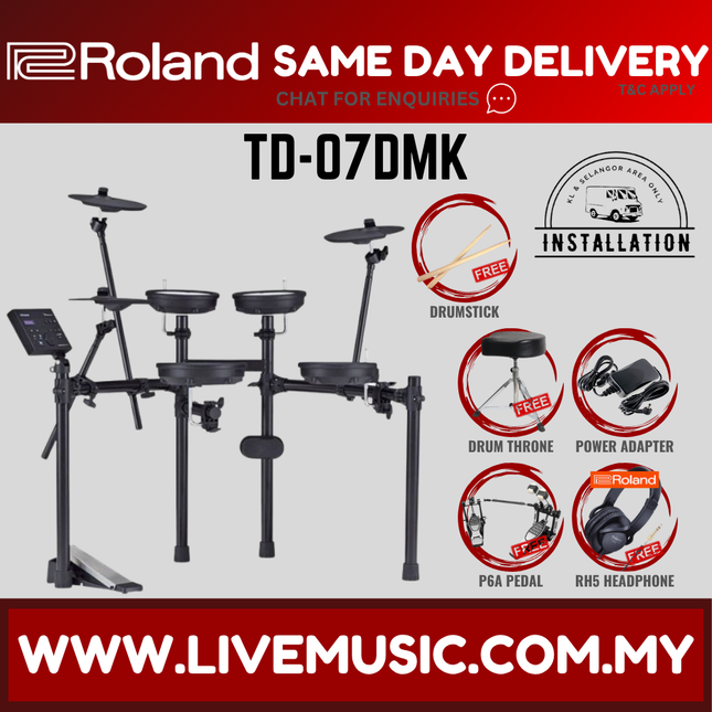 Roland TD-07DMK Electronic Digital Drum Set with RH-5 Headphones, T1D Drum Throne, Double Kick Pedal, Drumstick ( TD07DMK / RH5 )