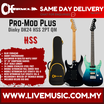 Charvel Pro-Mod Plus Dinky DK24 HSS Quilt Maple Electric Guitar, Blue Curaçao