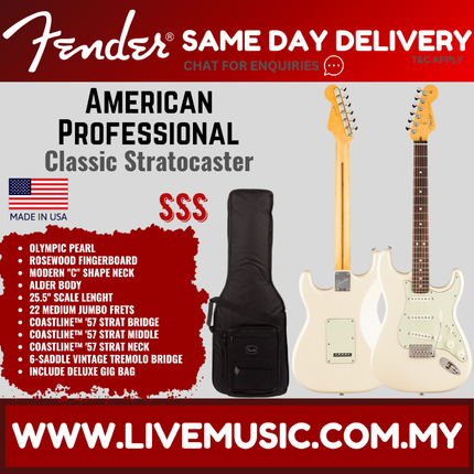 Fender American Professional Classic Stratocaster Electric Guitar, RW FB, Olympic Pearl