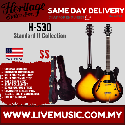 Heritage Standard II Collection H-530 Electric Guitar with Case, Original Sunburst ( H530 H 530 )