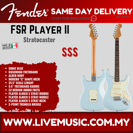 Fender FSR Player II Stratocaster Electric Guitar, RW FB, Sonic Blue