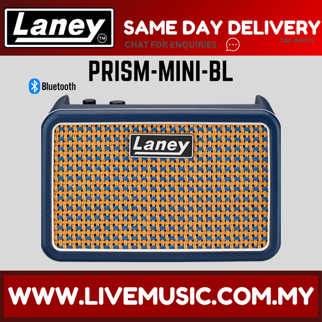 Portable Laney PRISM Mini Bluetooth amplifier speaker, blue woven grille