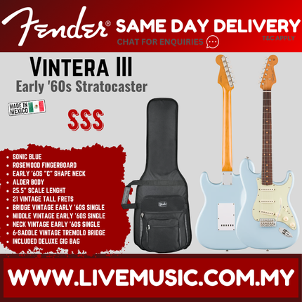 Fender Vintera III Early 60s Stratocaster Electric Guitar, RW FB, Sonic Blue