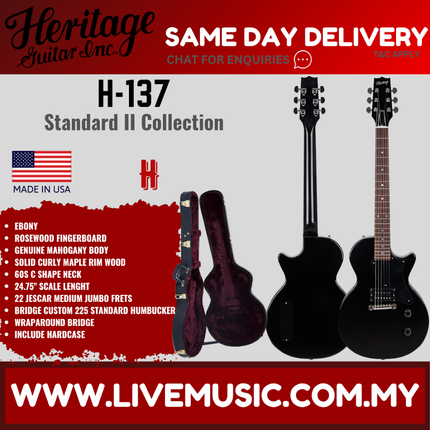 Heritage Standard II Collection H-137 Electric Guitar with Case, Ebony ( H 137 H137 )