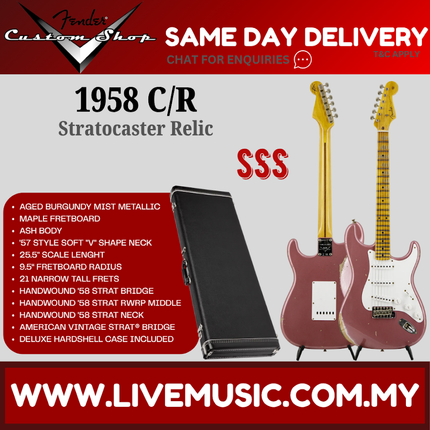 Fender Custom Shop 1958 C/R Stratocaster Relic Electric Guitar, Aged Burgundy Mist Metallic